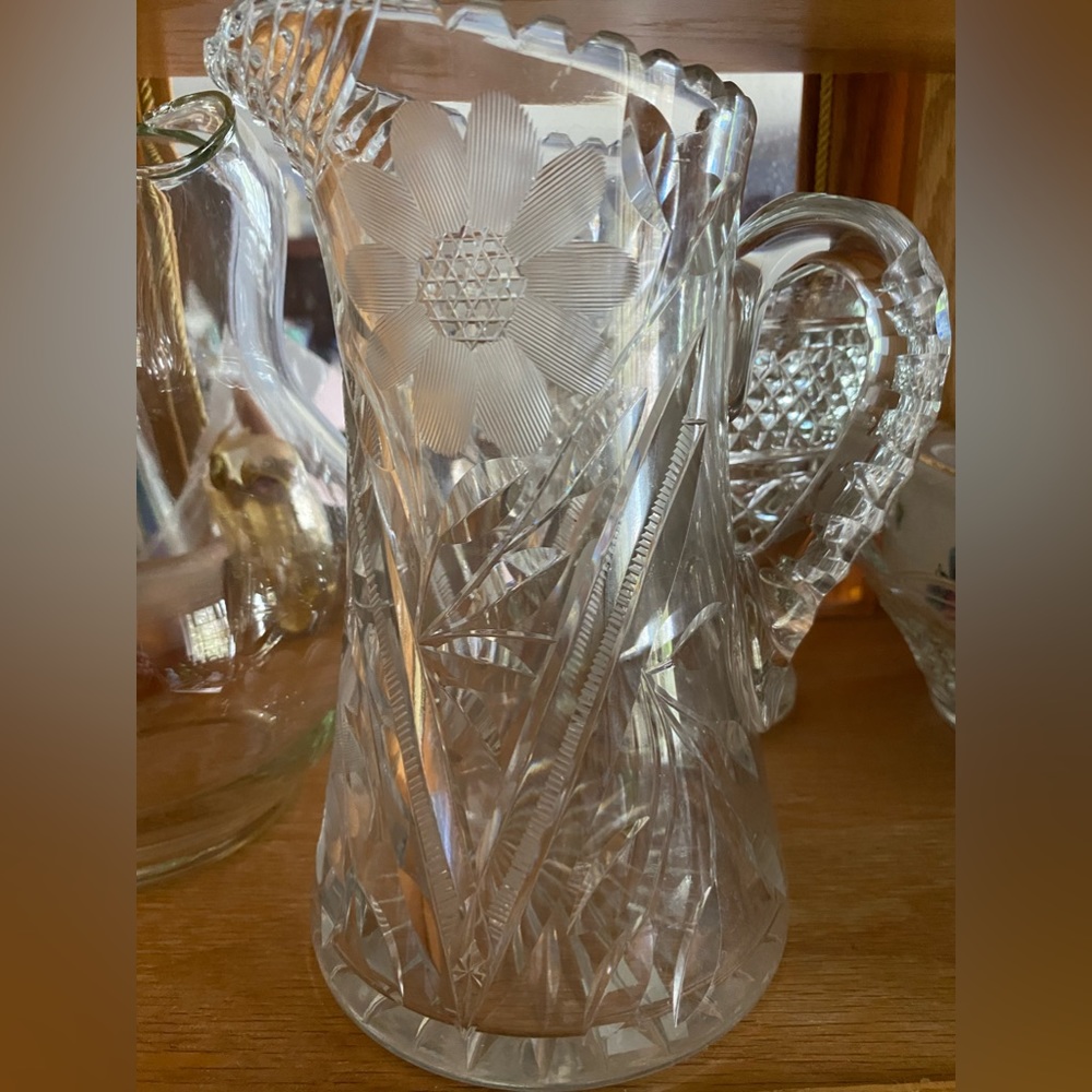 Antique Crystal Glass Pitcher, American Brilliant Cut, Daisies & Vines~ 1920’s